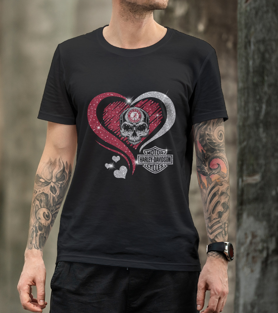 Alabama Crimson Tide Skull Heart Harley Davidson Motor Cycles T-Shirt