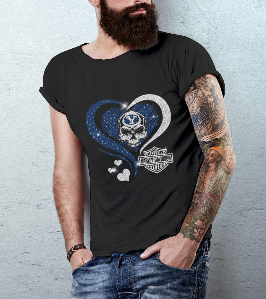 Ncaa Byu Cougars Skull Heart Harley Davidson Motor Cycles T-Shirt