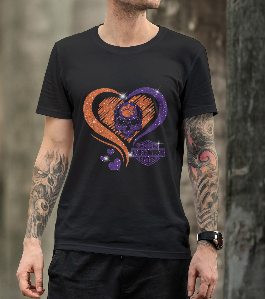 Clemson Tigers Harley Davidson Skull Heart T-Shirt