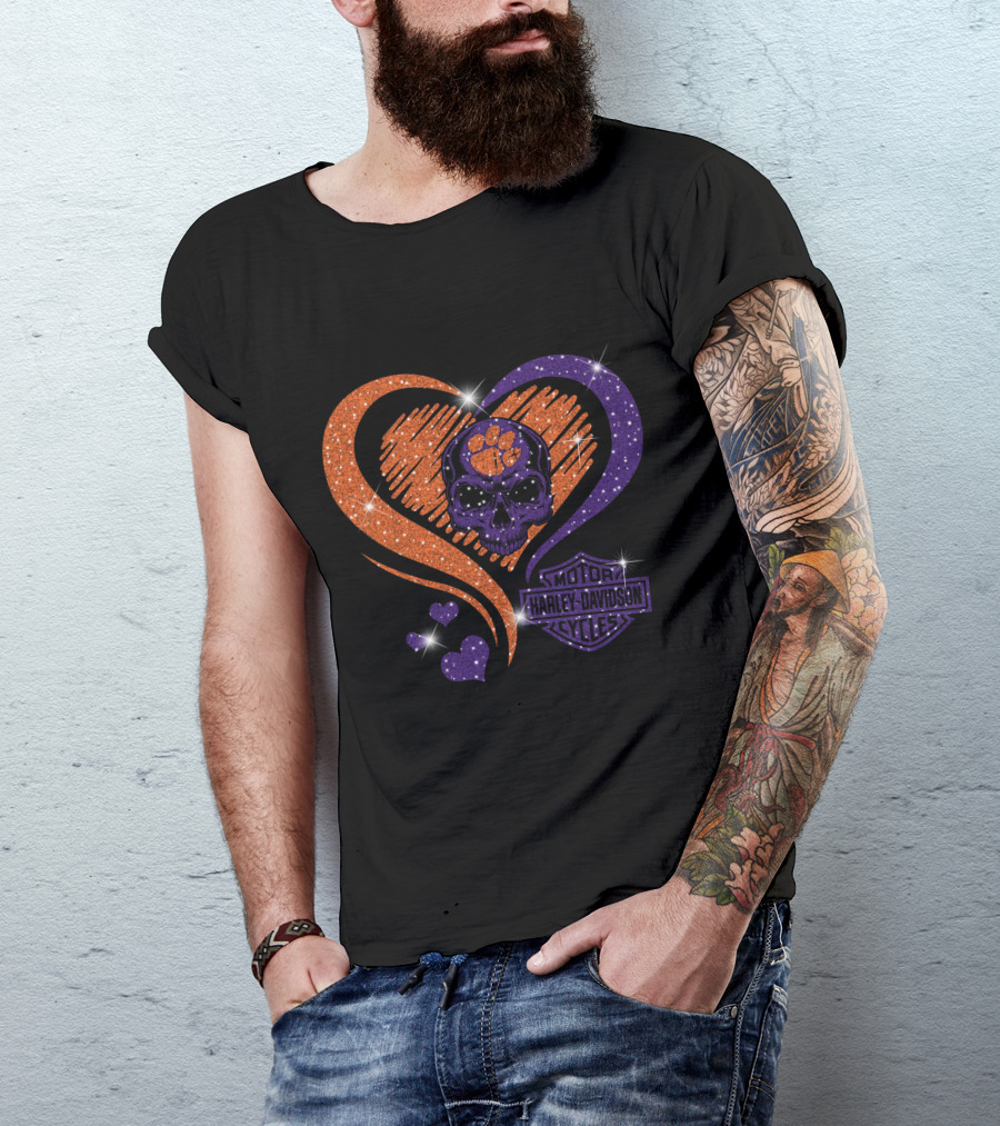 Clemson Tigers Harley Davidson Skull Heart T-Shirt