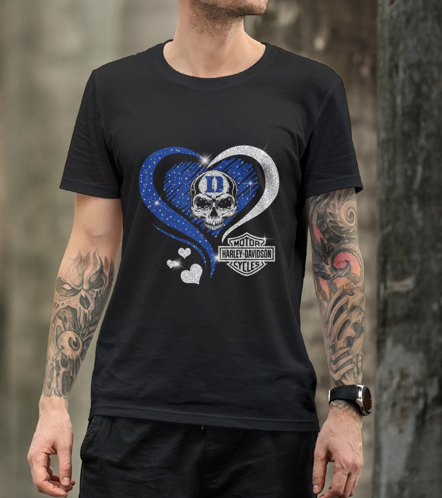 Duke Blue Devils Skull Heart Harley Davidson Motor Cycles Sparkle T-Shirt