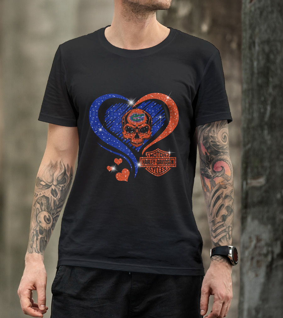 Ncaa Florida Gators Skull Heart Harley Davidson Motor Cycles T-Shirt