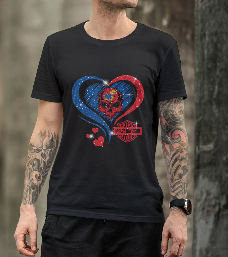 Kansas Jayhawks Harley Davidson Heart Skull T-Shirt