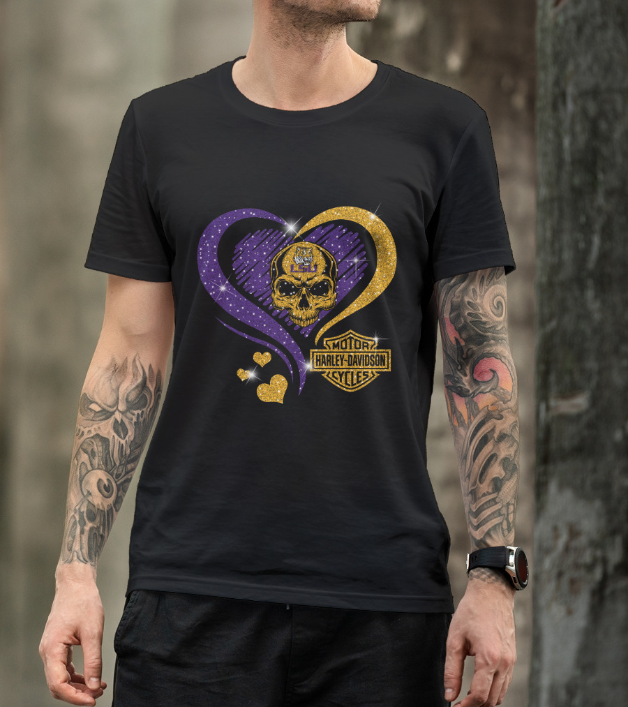 Ncaa Lsu Tigers Skull Heart Harley Davidson Motor Cycles T-Shirt