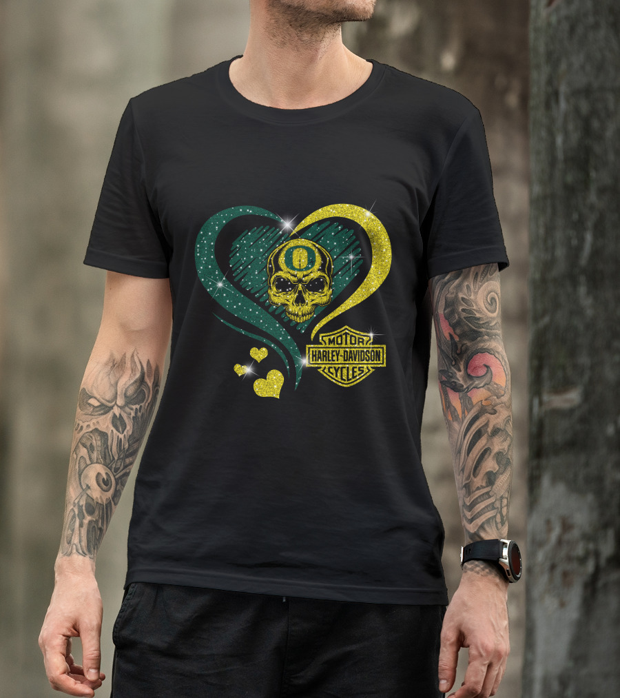Ncaa Oregon Ducks Skull Harley Davidson Motor Cycles Heart T-Shirt