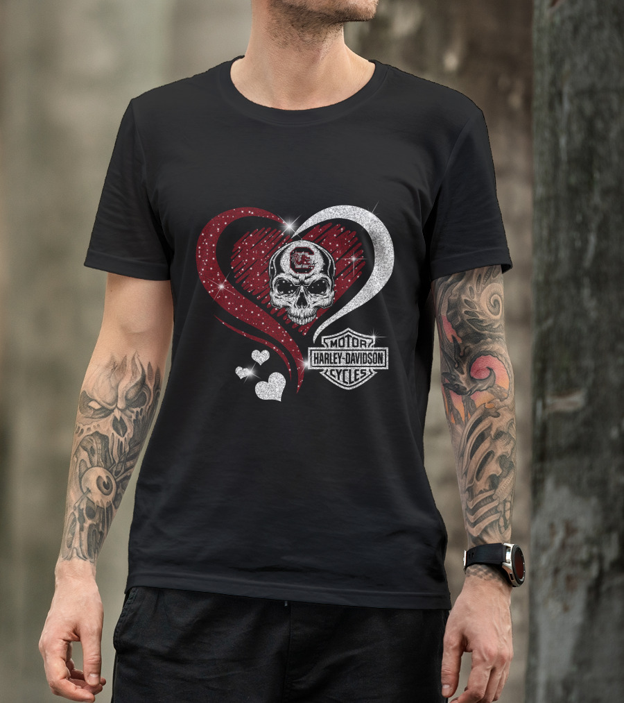 Ncaa South Carolina Gamecocks Skull Heart Harley Davidson Cycles T-Shirt