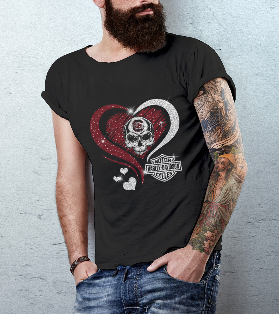 Ncaa South Carolina Gamecocks Skull Heart Harley Davidson Cycles T-Shirt