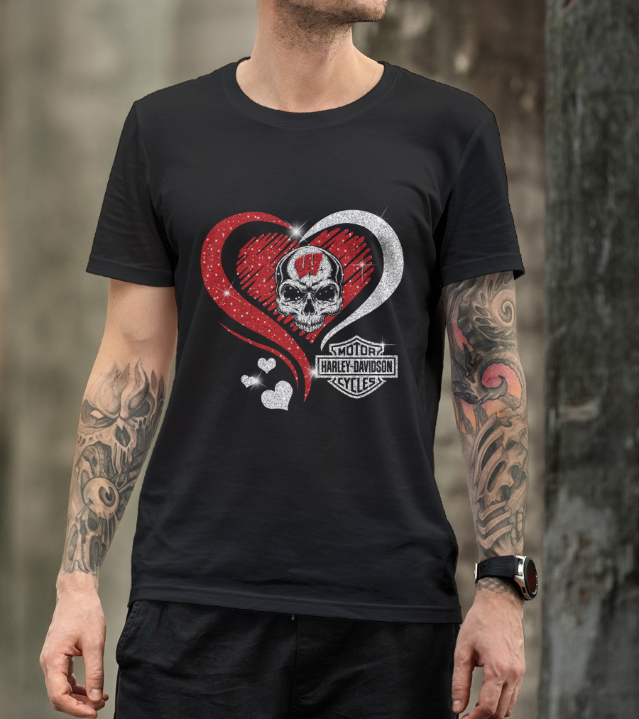 Ncaa Wisconsin Badgers Harley Davidson Skull Heart T-Shirt