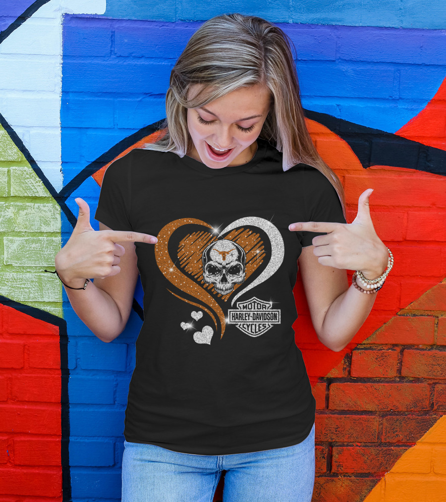 Ncaa Texas Longhorns Harley Davidson Skull Heart T-Shirt