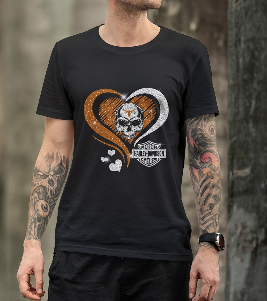 Ncaa Texas Longhorns Harley Davidson Skull Heart T-Shirt