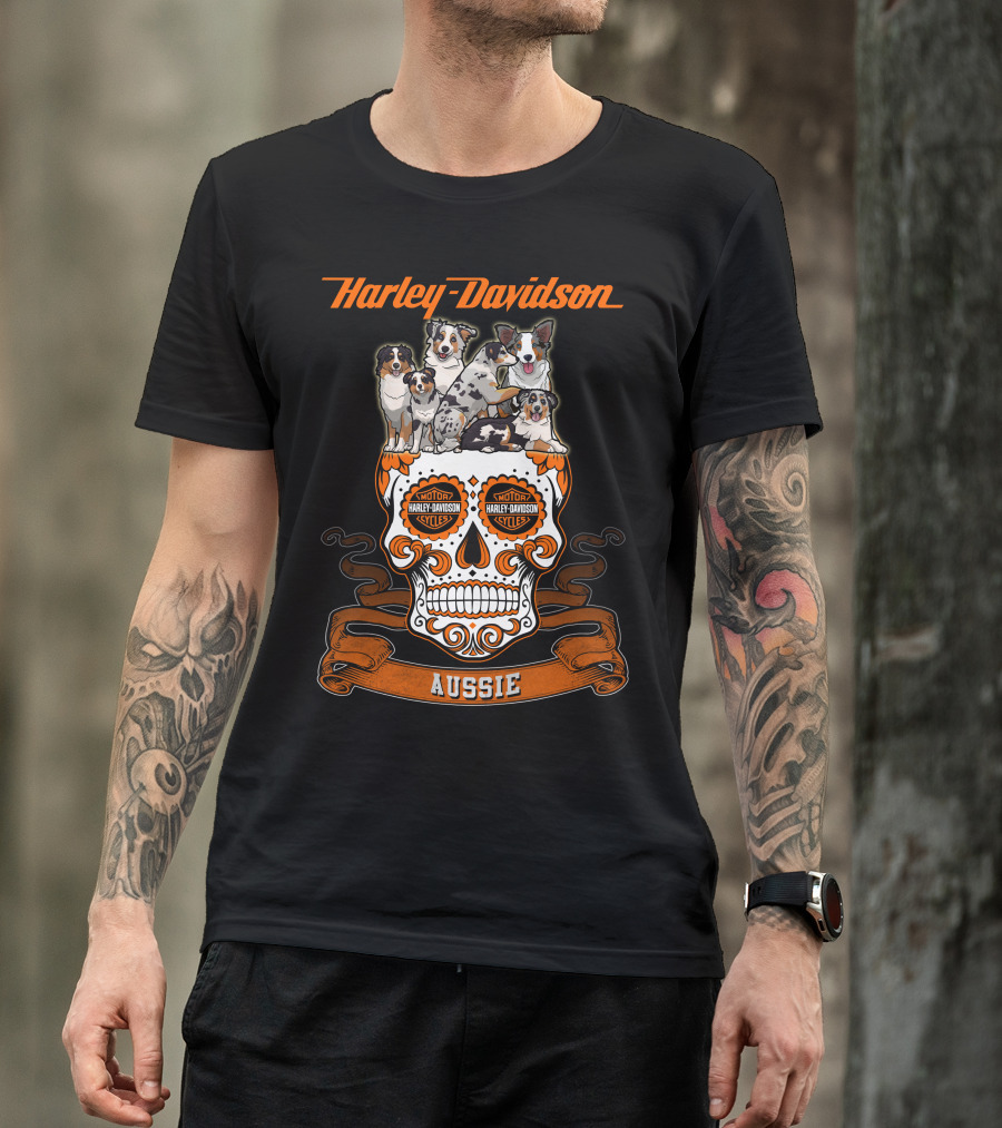 Harley Davidson Aussie Dogs Sugar Skull Art T-Shirt