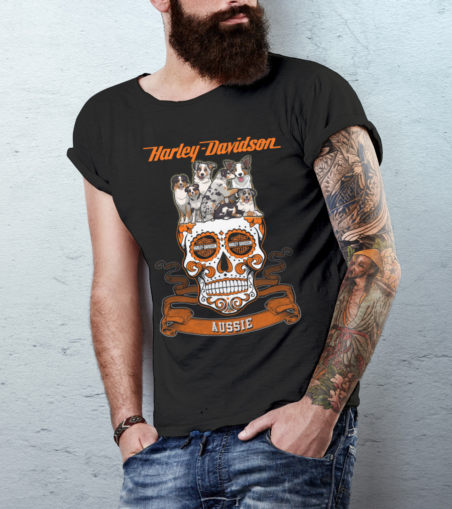 Harley Davidson Aussie Dogs Sugar Skull Art T-Shirt