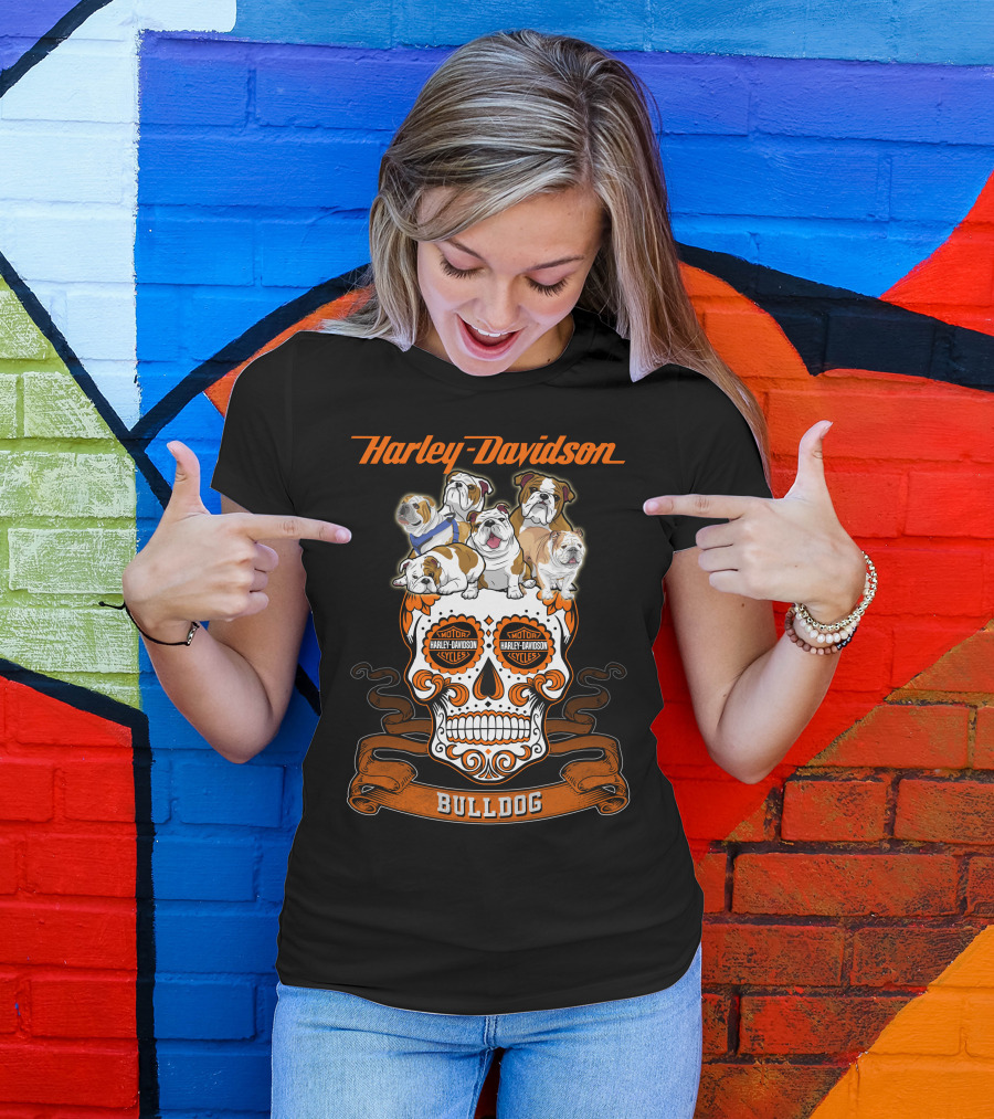 Harley Davidson Bulldog Skull Motif With Bulldogs T-Shirt