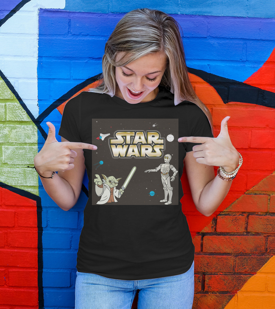 Star Wars Yoda And C-3PO Space Adventure Scene T-Shirt
