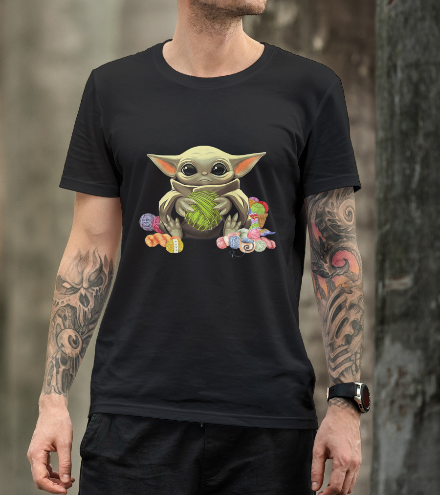 Yoda Baby Holding Yarn Surrounded By Colorful Wool Balls T-Shirt