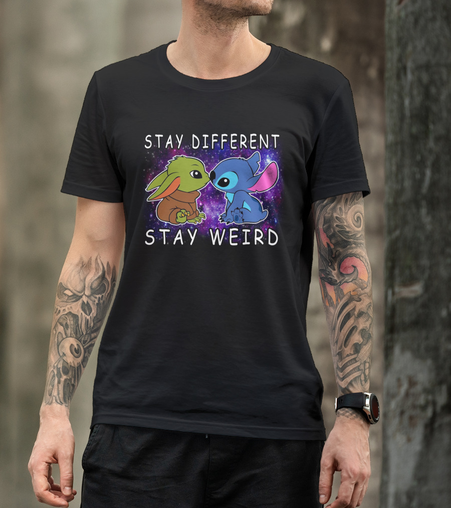 Stay Different Stay Weird Baby Yoda And Stitch Space Background T-Shirt