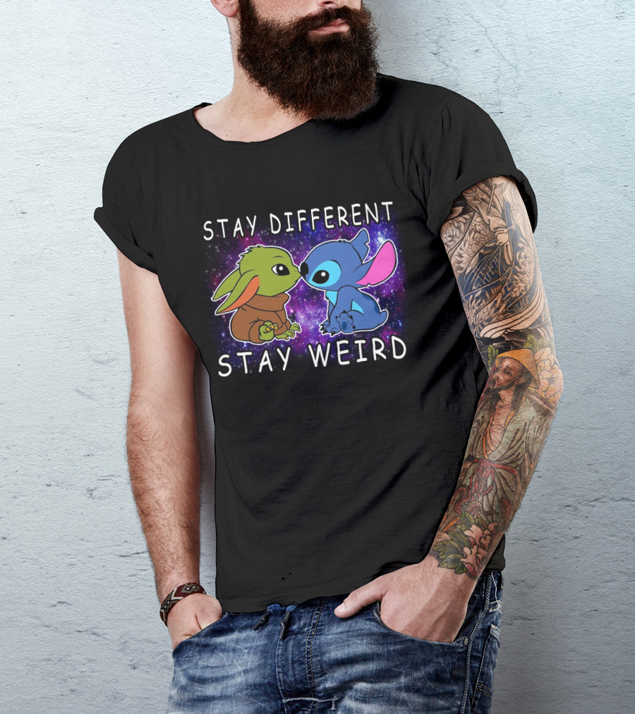 Stay Different Stay Weird Baby Yoda And Stitch Space Background T-Shirt