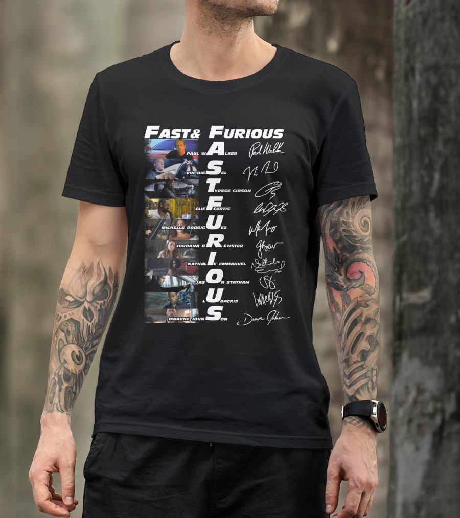 Fast And Furious Paul Walker Vin Diesel Tyrese Gibson Michelle Rodriguez Cast Signatures Thank You For The Memories T-Shirt
