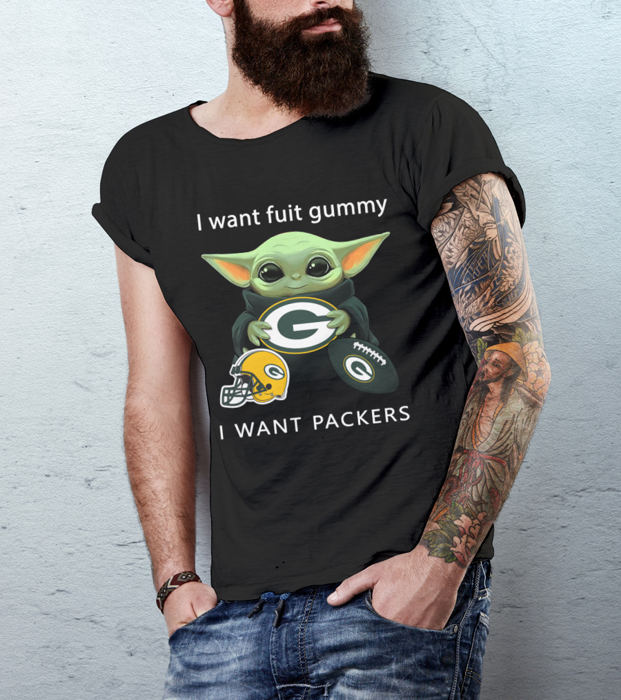 I Want Fruit Gummy I Want Packers Green Bay Packers Baby Yoda Helmet Football T-Shirt