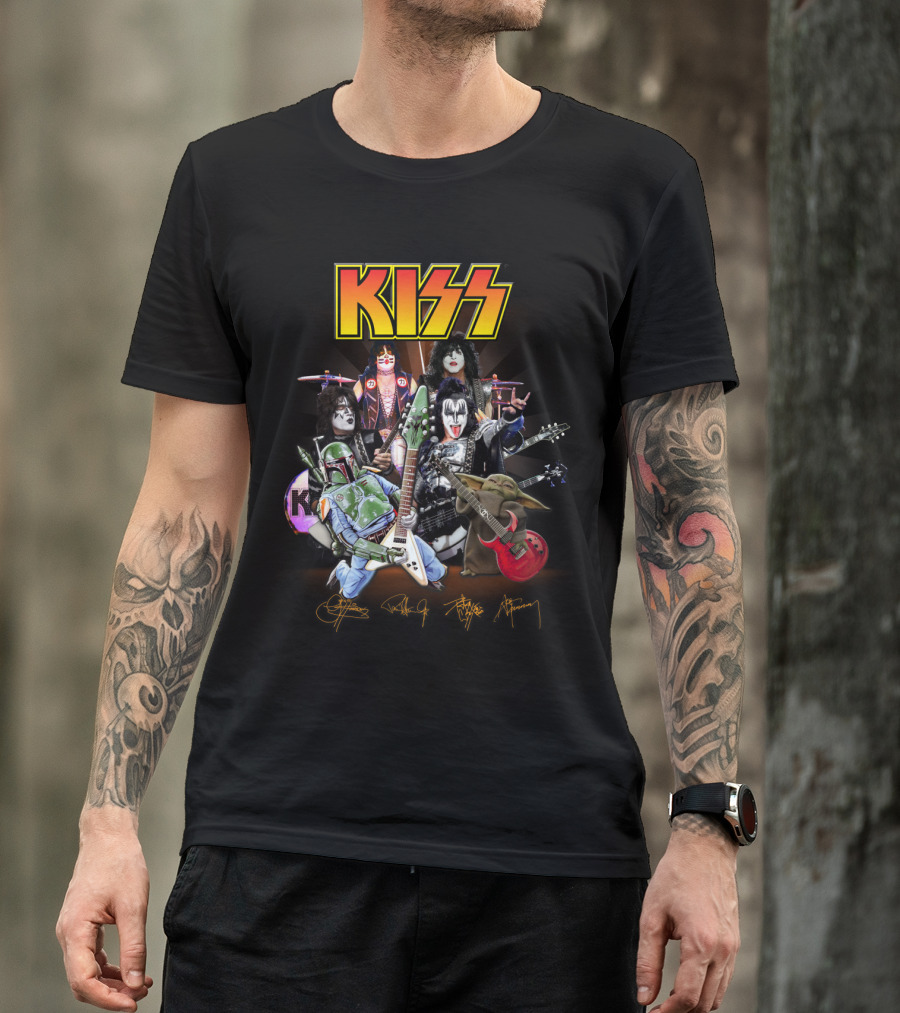Kiss Star Wars Crossover With Boba Fett And Grogu Guitar Band Members T-Shirt