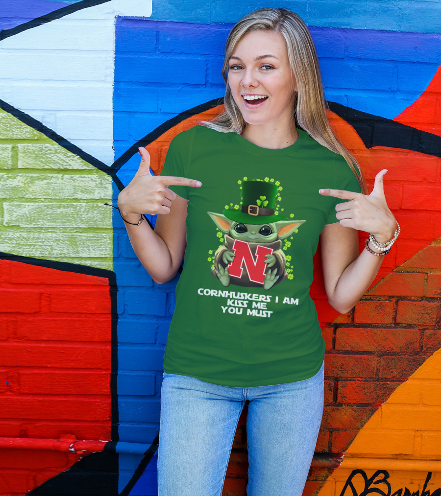 Cornhuskers I Am Kiss Me You Must Baby Yoda St. Patrick's Day T-Shirt