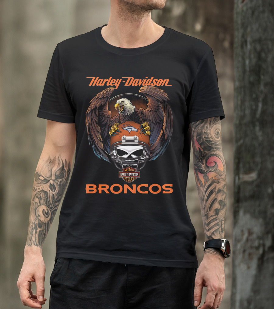 Harley Davidson Broncos Skull Eagle Helmet Nfl Collaboration T-Shirt