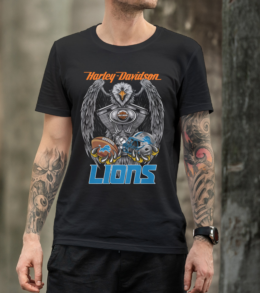 Harley Davidson Detroit Lions Eagle Football Engine T-Shirt