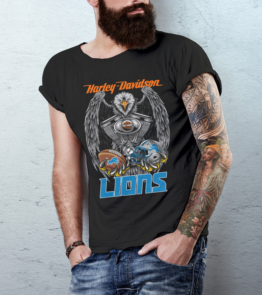 Harley Davidson Detroit Lions Eagle Football Engine T-Shirt