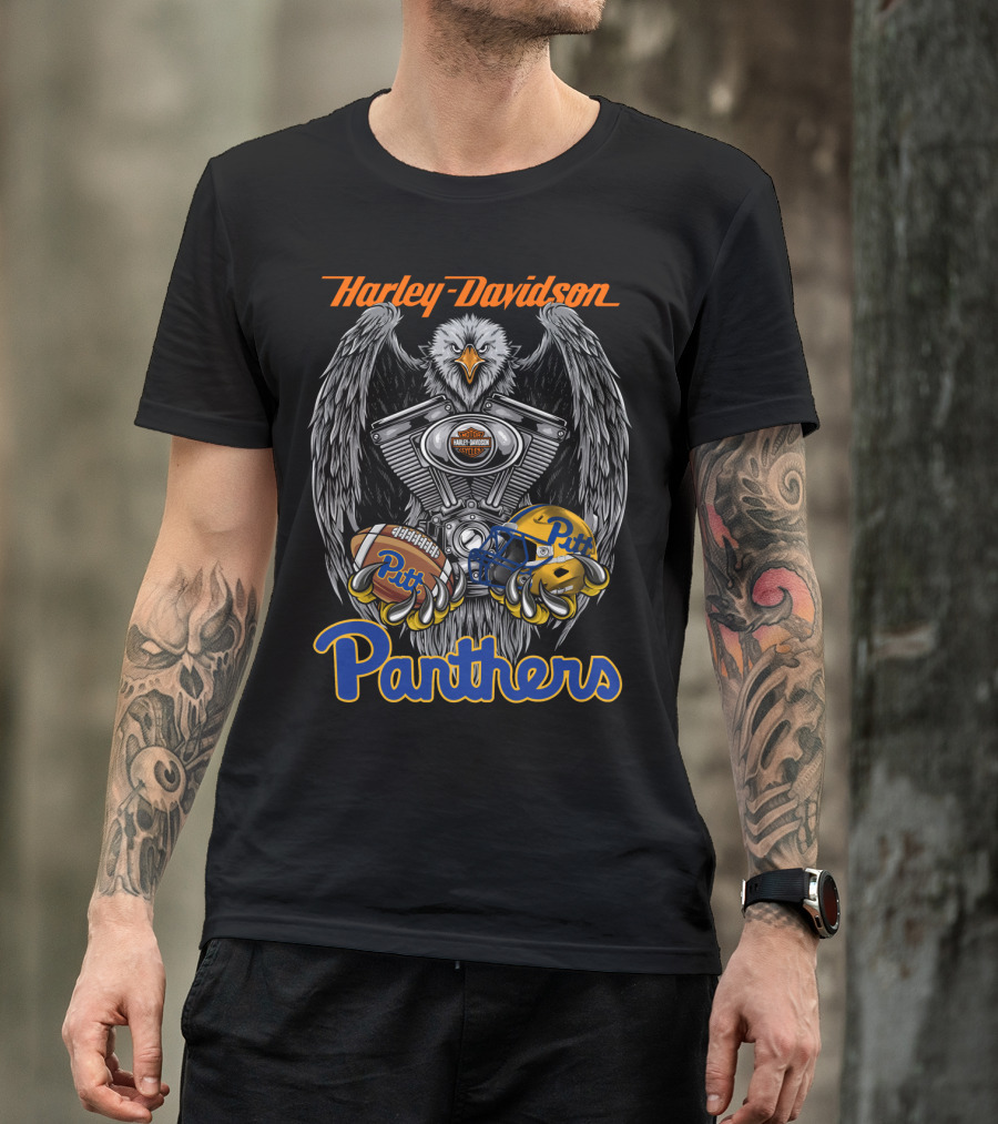 Harley Davidson Panthers Pitt Football Helmet And Eagle Engine Art T-Shirt