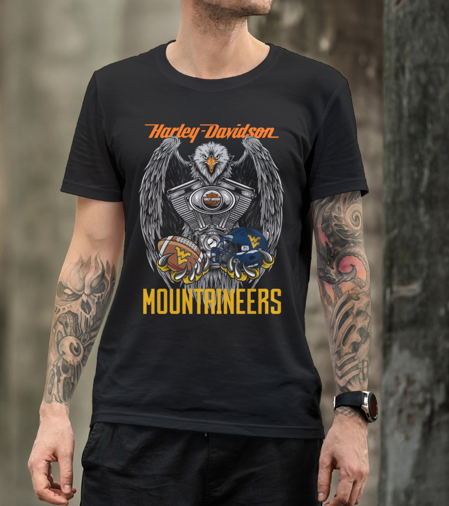 Harley Davidson Mountaineers Wv Football Helmet And Engine Eagle T-Shirt