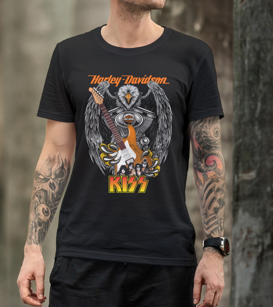 Harley Davidson Motor Cycles Kiss Band Eagle Guitar T-Shirt