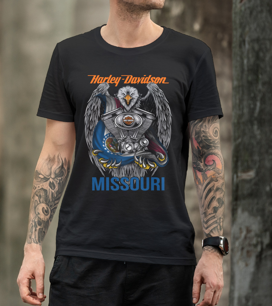 Harley Davidson Missouri Eagle Emblem With Engine And Flag Motif T-Shirt