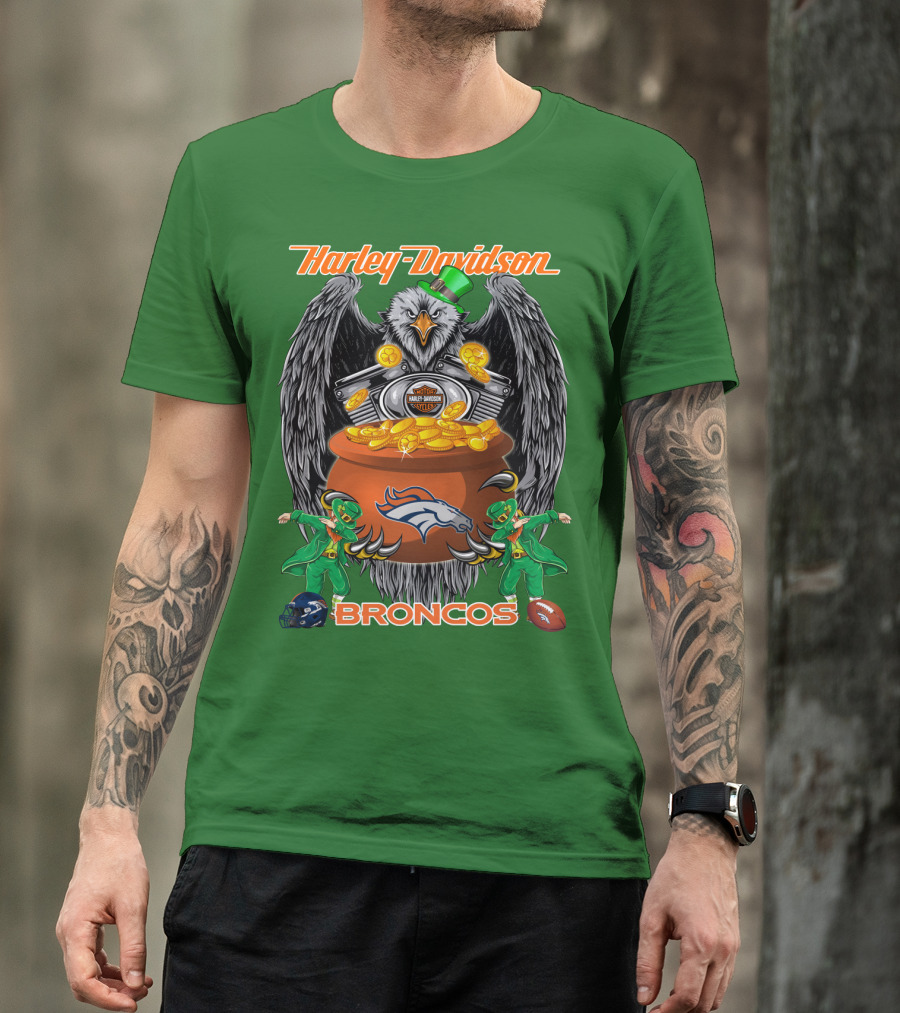 Harley Davidson Denver Broncos Nfl Leprechaun Eagle Pot Of Gold T-Shirt