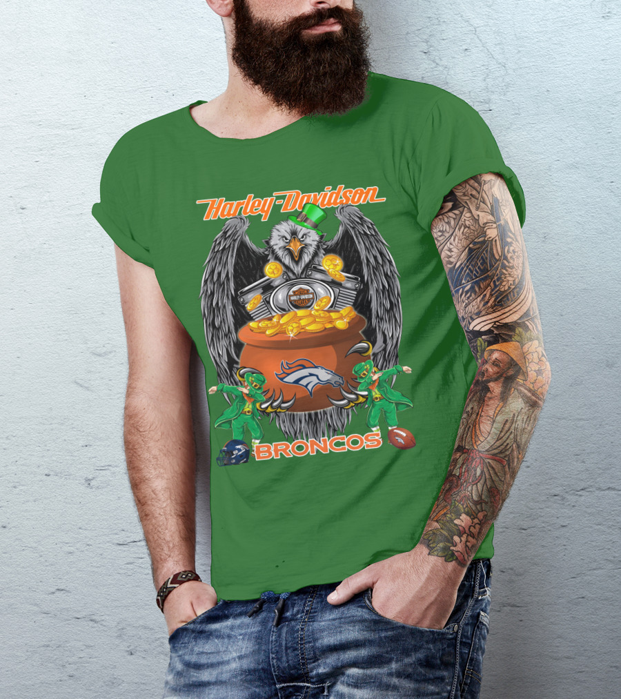 Harley Davidson Denver Broncos Nfl Leprechaun Eagle Pot Of Gold T-Shirt
