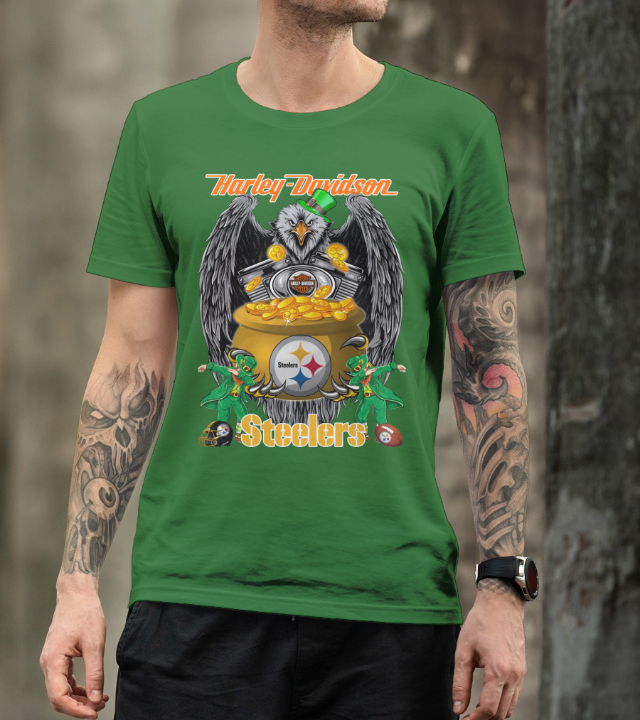 Harley Davidson Steelers Eagle Leprechaun Gold Nfl Pittsburgh T-Shirt