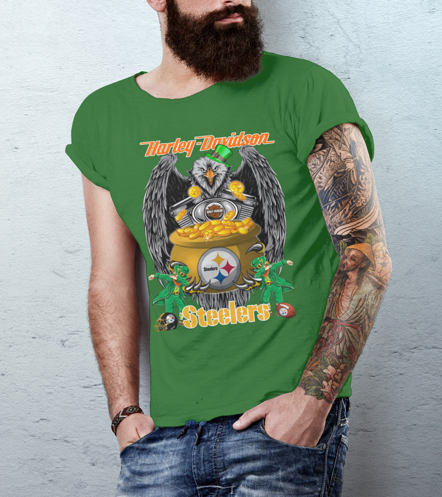 Harley Davidson Steelers Eagle Leprechaun Gold Nfl Pittsburgh T-Shirt