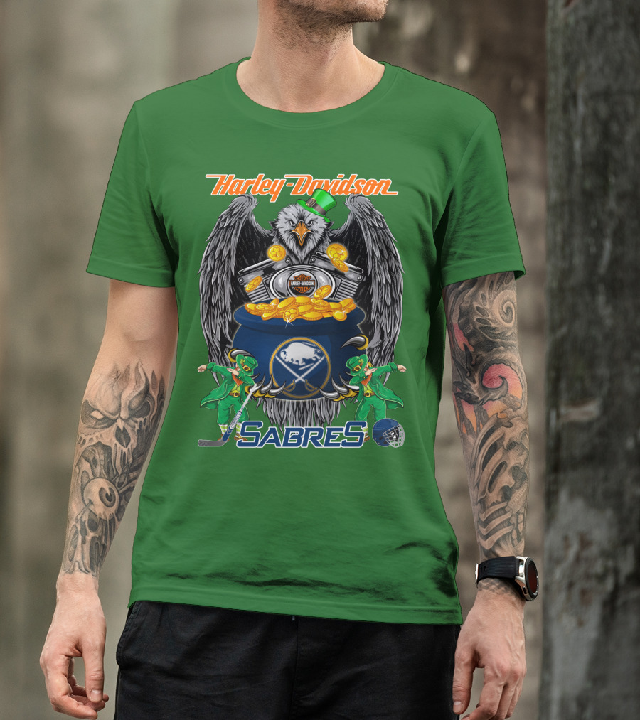 Harley Davidson Sabres Nhl Buffalo St. Patrick's Day Eagle And Pot Of Gold T-Shirt