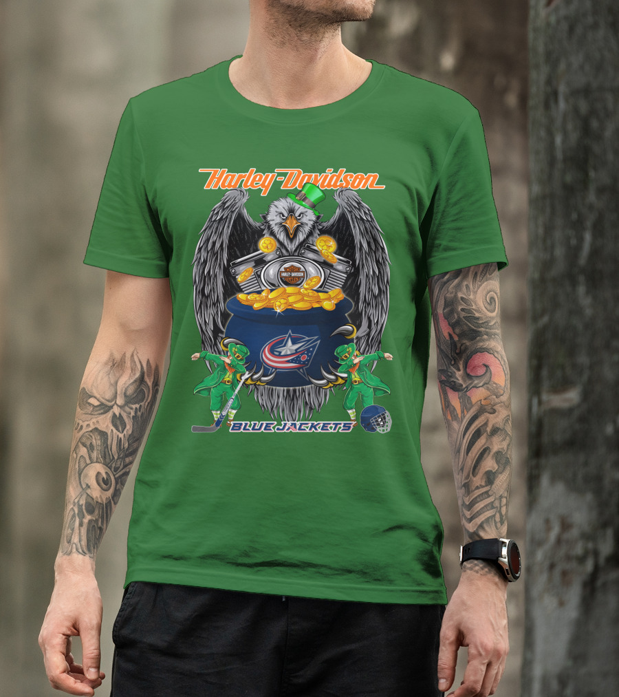 Harley Davidson Columbus Blue Jackets Nhl Eagle Leprechaun Gold Coins Green Hat T-Shirt