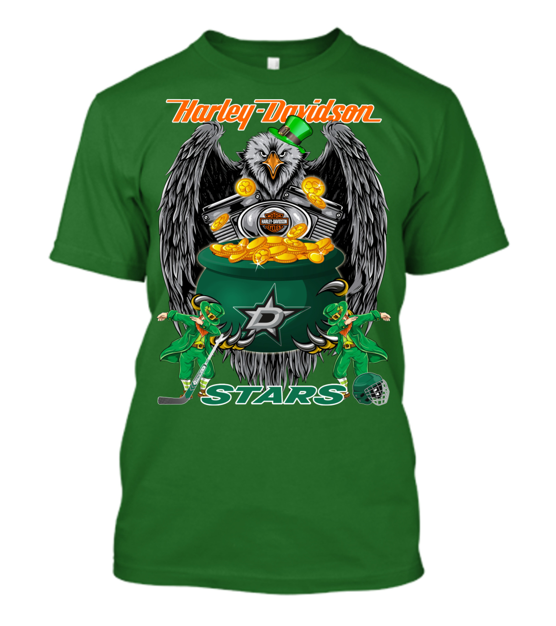 Harley Davidson Dallas Stars Nhl Eagle With Leprechauns And Hockey Gear T-Shirt