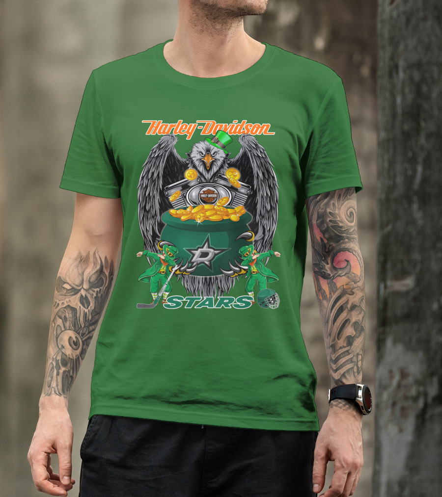 Harley Davidson Dallas Stars Nhl Eagle With Leprechauns And Hockey Gear T-Shirt