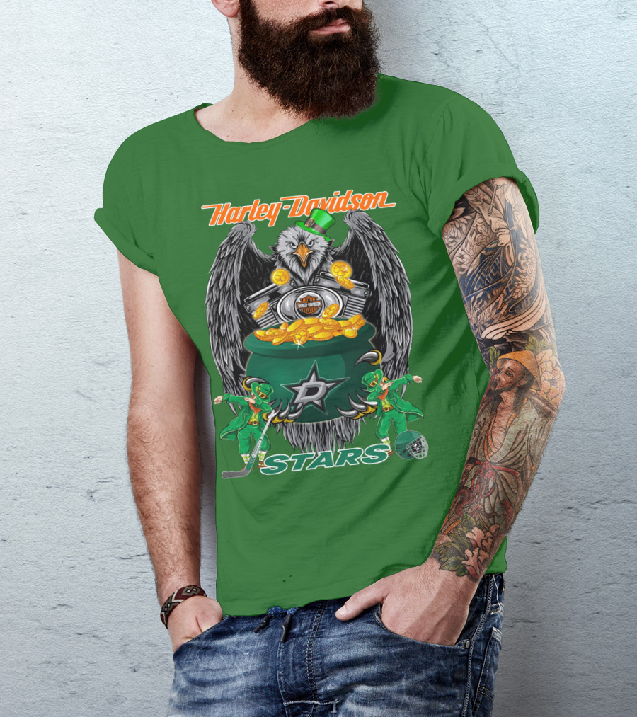 Harley Davidson Dallas Stars Nhl Eagle With Leprechauns And Hockey Gear T-Shirt