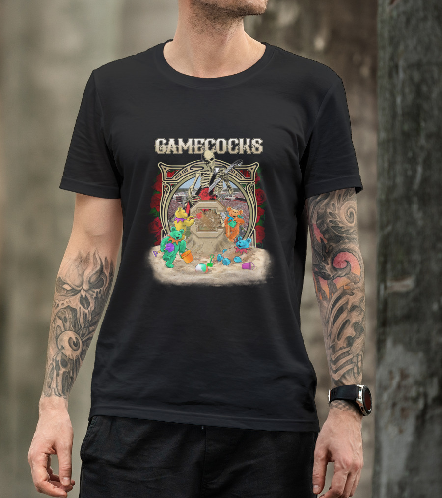 Gamecocks Skeleton With Colorful Bears Playing On Beach T-Shirt