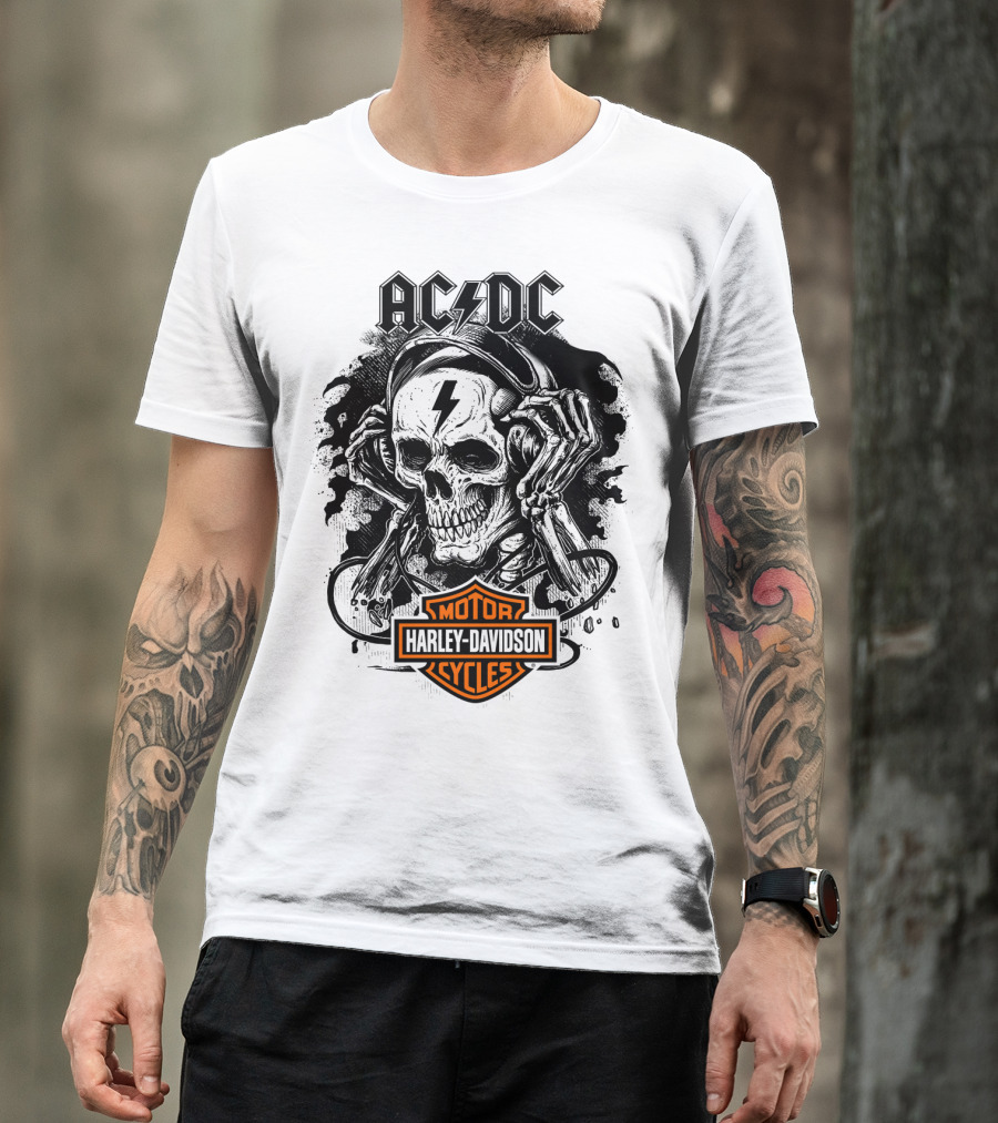 Acdc Harley Davidson Skull With Headphones T-Shirt