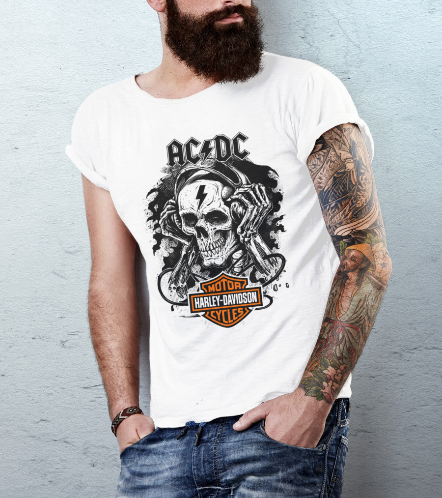 Acdc Harley Davidson Skull With Headphones T-Shirt