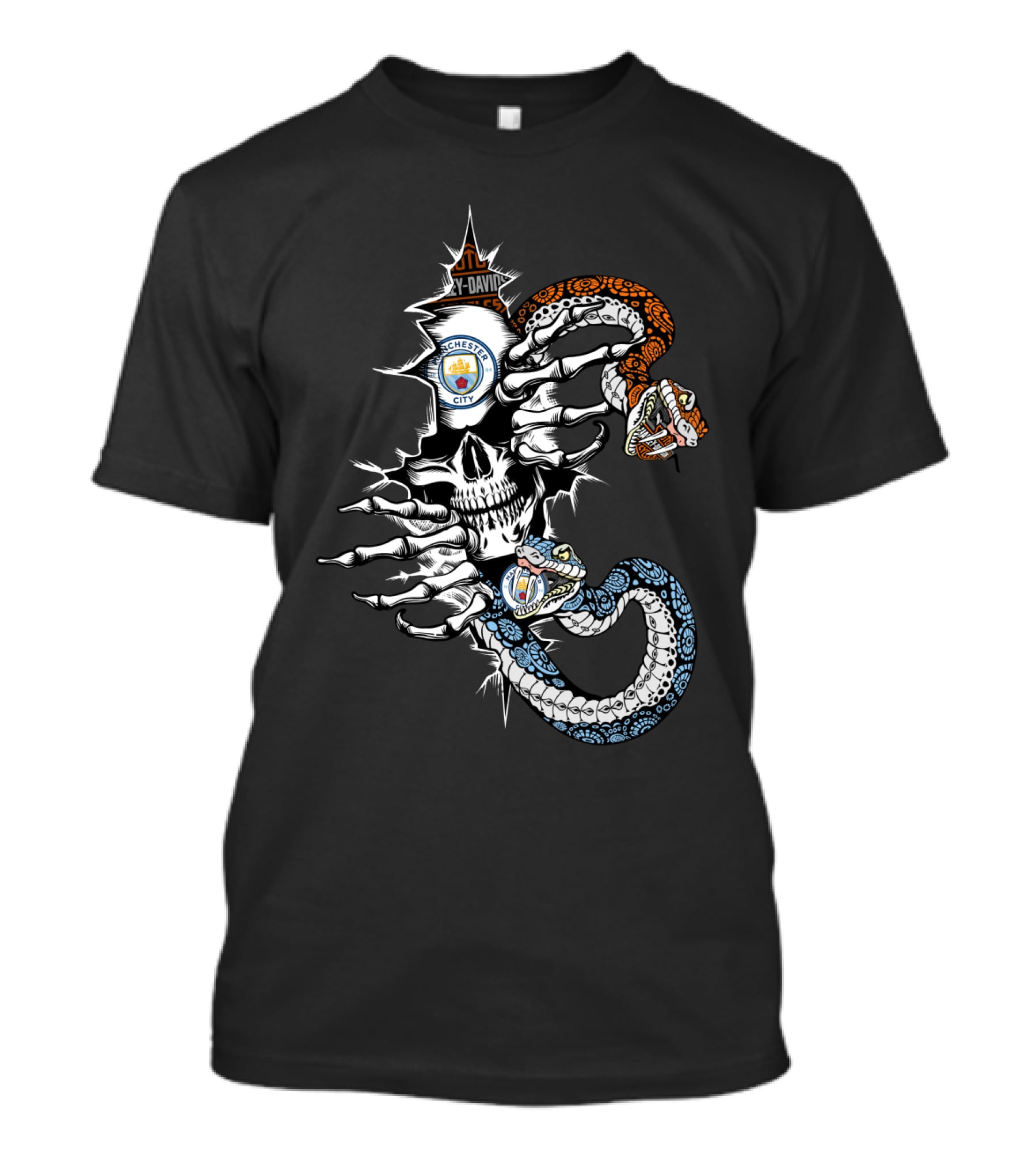 Mc Manchester City Skull With Orange And Blue Snakes T-Shirt