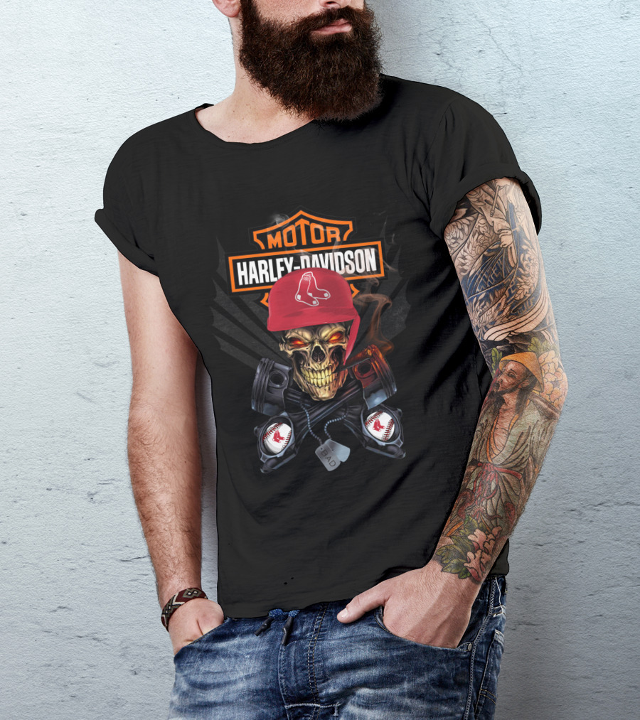 Boston Red Sox Harley Davidson Skull With Red Cap And Baseball Elements T-Shirt