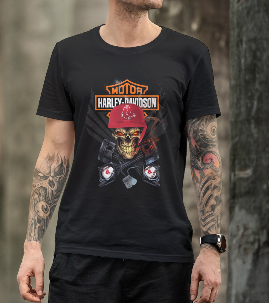 Harley Davidson Skull With Red Sox Baseball Helmet T-Shirt