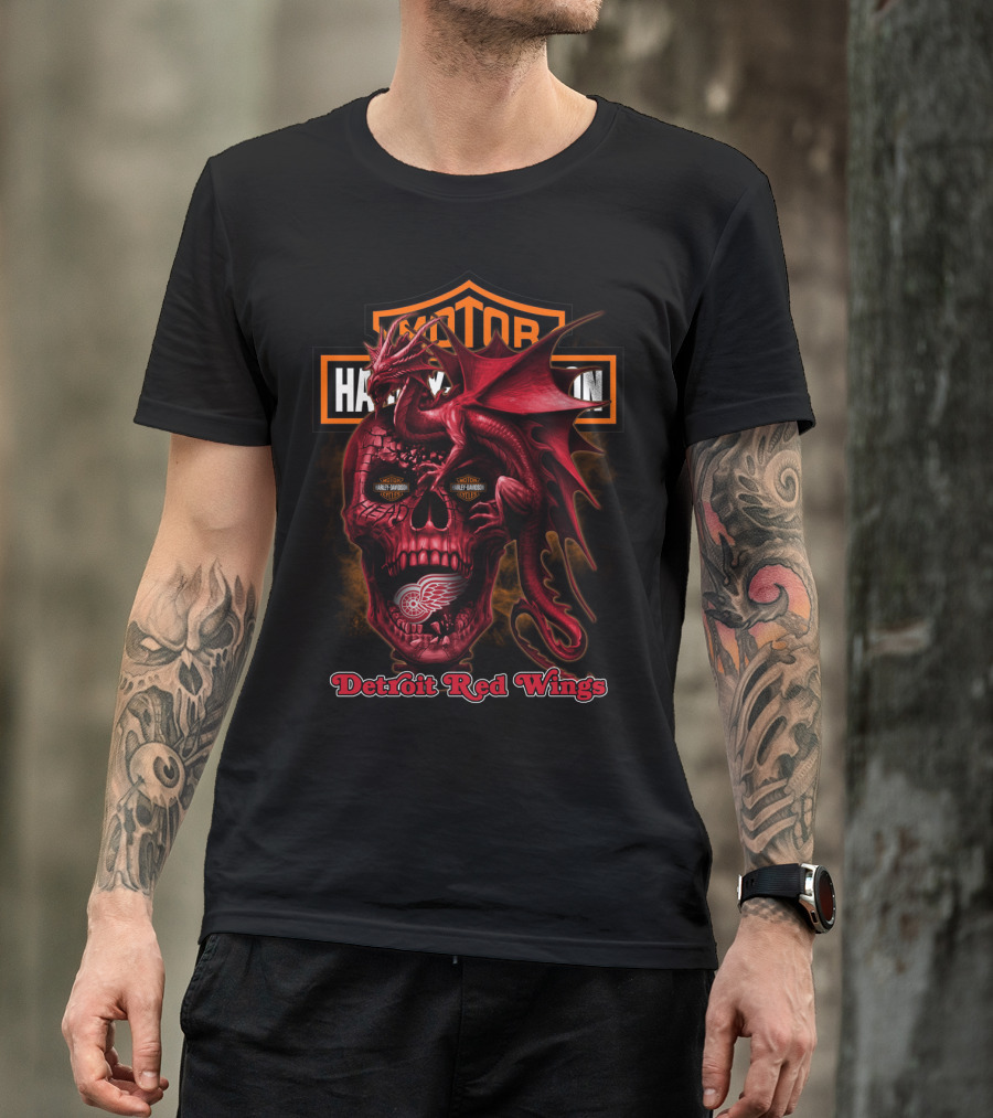 Detroit Red Wings Harley Davidson Skull Dragon T-Shirt