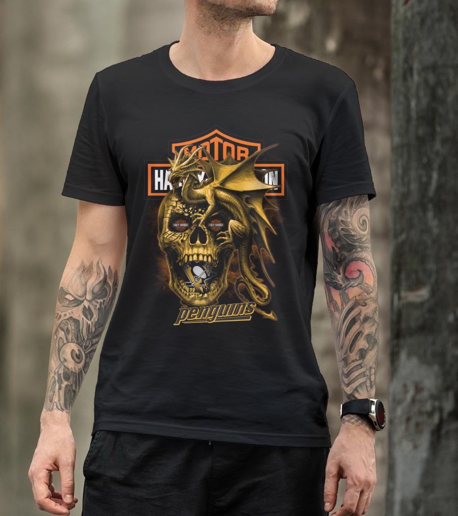 Pittsburgh Penguins Motor Harley Davidson Cycles Dragon Skull T-Shirt