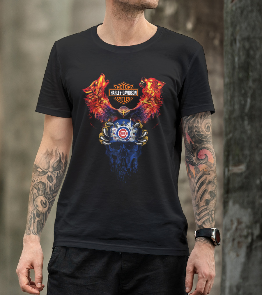 Harley Davidson Motorcycles Cubs Skull Wolf 121 Mlb T-Shirt